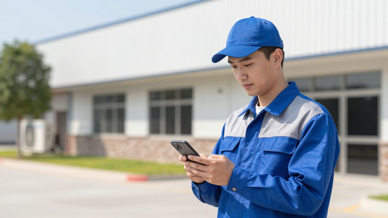 An HVAC technician in a work uniform holding a smartphone outside a suburban commercial building on a bright sunny afternoon