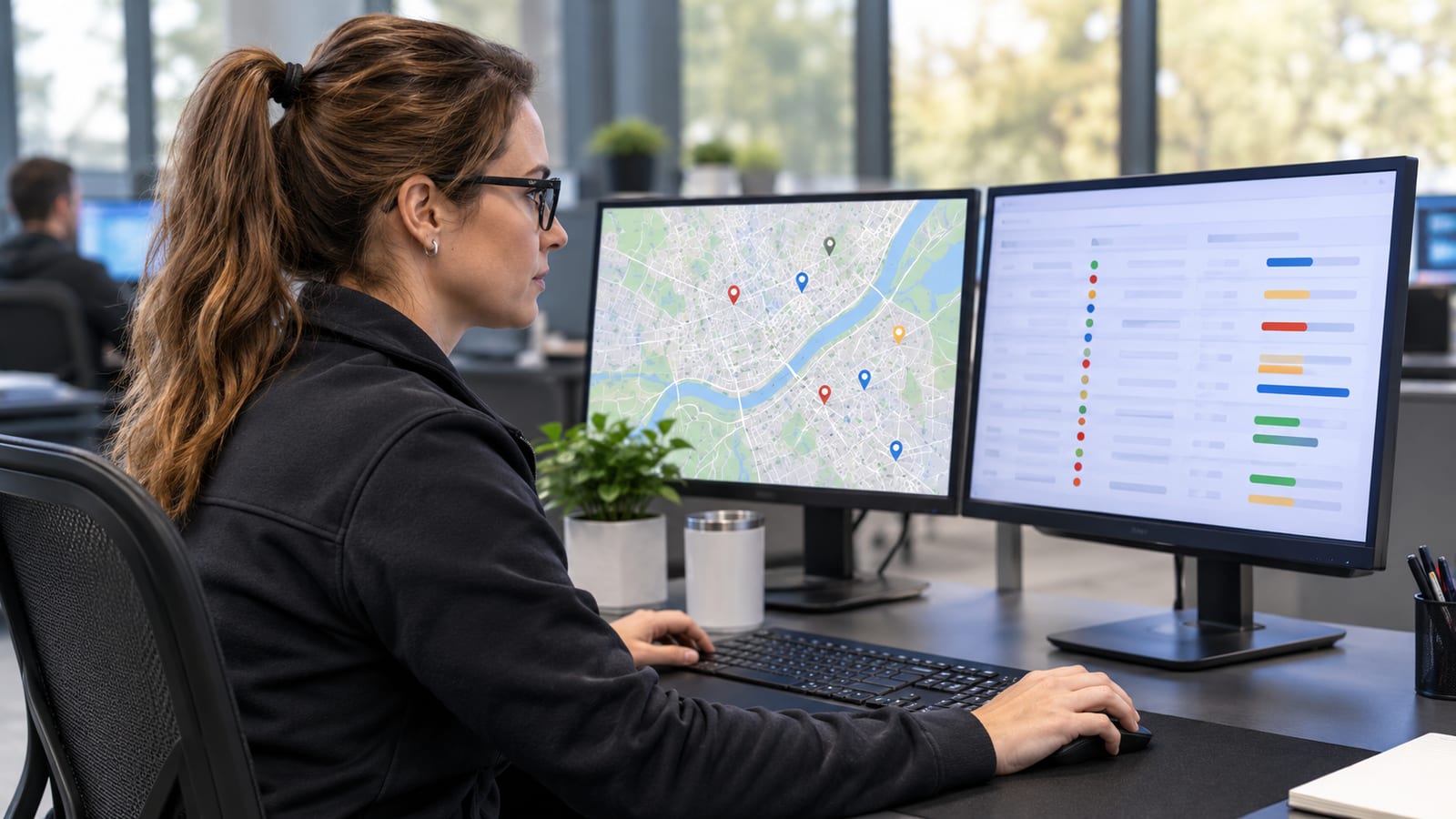 A focused service coordinator sitting in an operations office looking at two clean desktop monitors displaying a map and work orders
