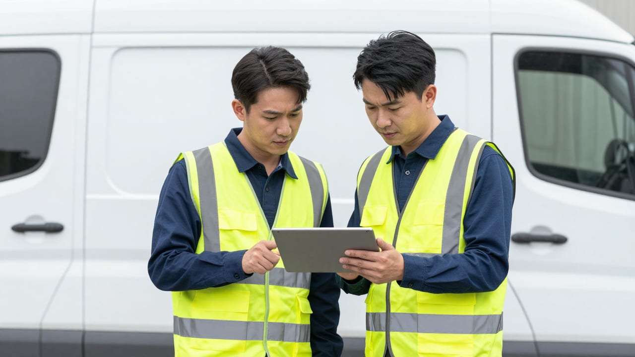 Two tradespeople in reflective safety vests reviewing a digital tablet together next to a service van